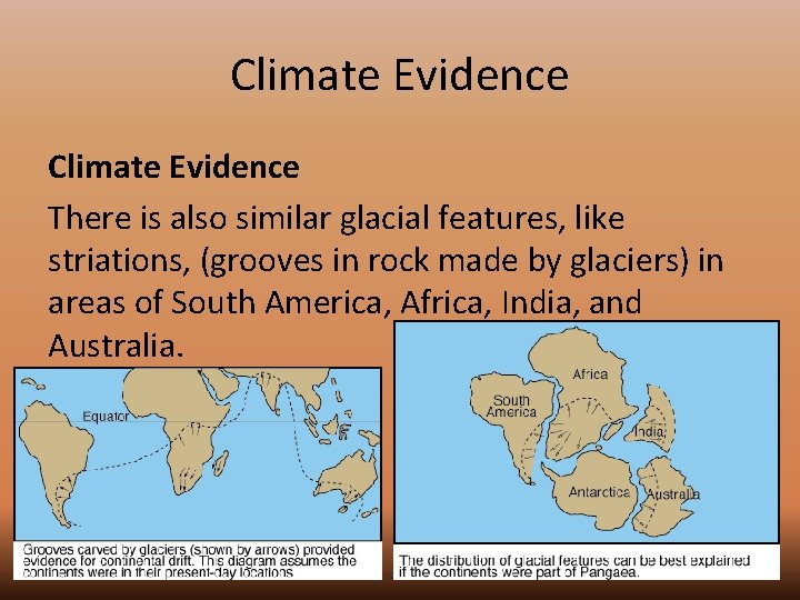 Climate Evidence There is also similar glacial features, like striations, (grooves in rock made