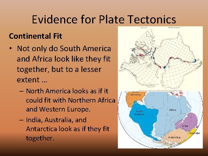 Evidence for Plate Tectonics Continental Fit • Not only do South America and Africa