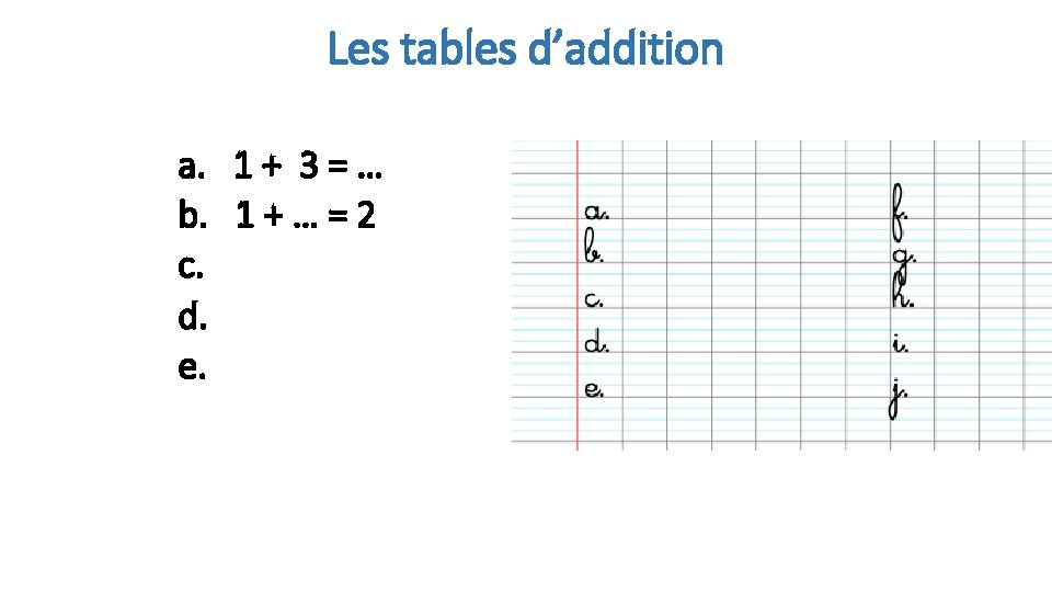 Les tables d’addition a. 1 + 3 = … b. 1 + … =