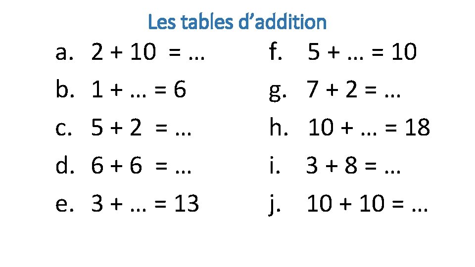a. b. c. d. e. Les tables d’addition 2 + 10 = … 1+…=6