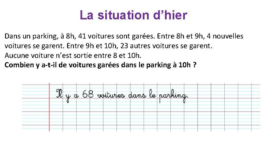 La situation d’hier Dans un parking, à 8 h, 41 voitures sont garées. Entre