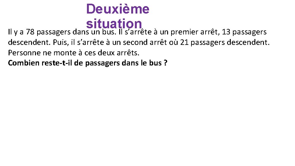 Deuxième situation Il y a 78 passagers dans un bus. Il s’arrête à un