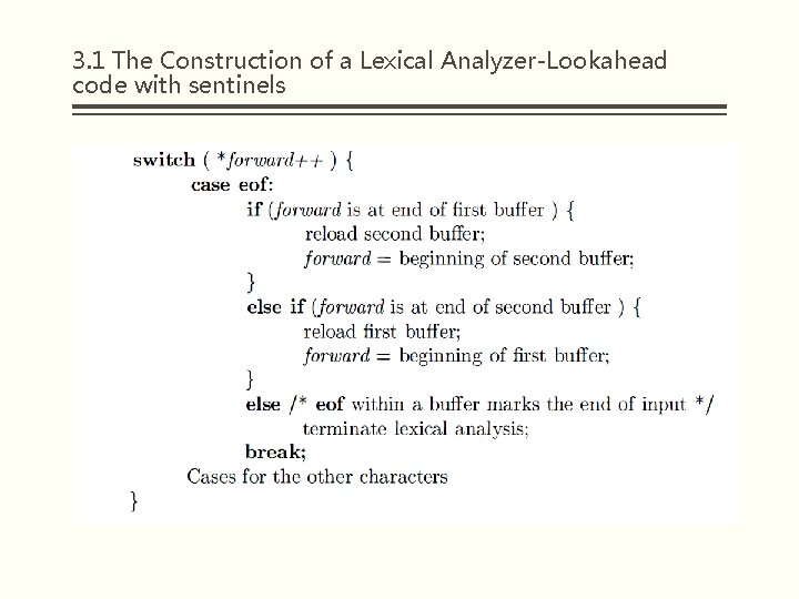 3. 1 The Construction of a Lexical Analyzer-Lookahead code with sentinels 