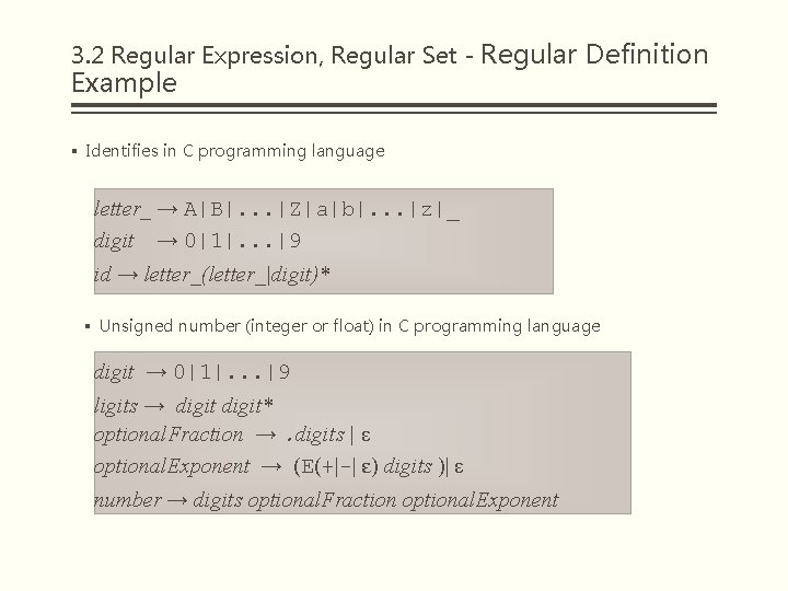 3. 2 Regular Expression, Regular Set - Regular Definition Example § Identifies in C