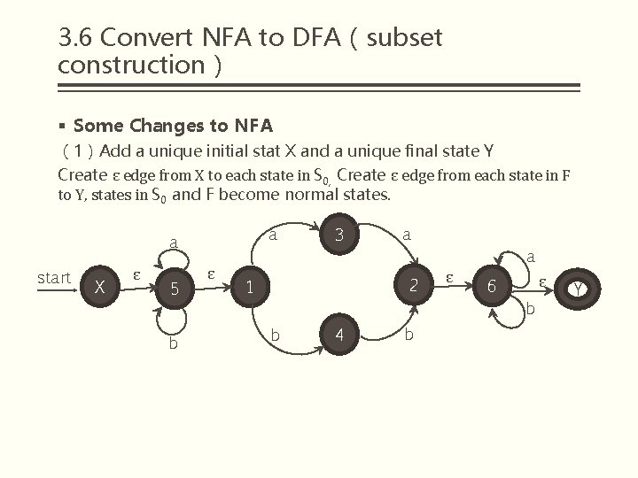 3. 6 Convert NFA to DFA（subset construction） § Some Changes to NFA （1）Add a