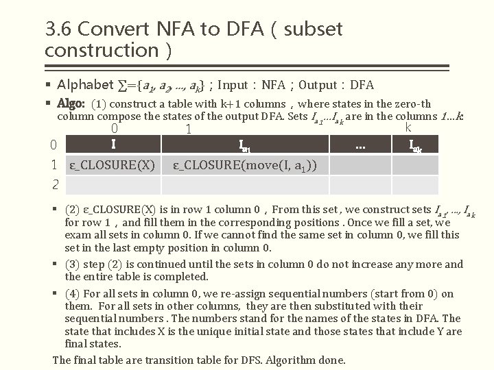 3. 6 Convert NFA to DFA（subset construction） § Alphabet ∑={a 1, a 2, .