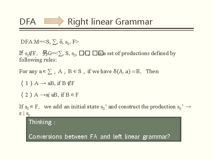 DFA Right linear Grammar DFA M=<S, ∑, δ, s 0, F> If s 0∉F，另G=<∑,