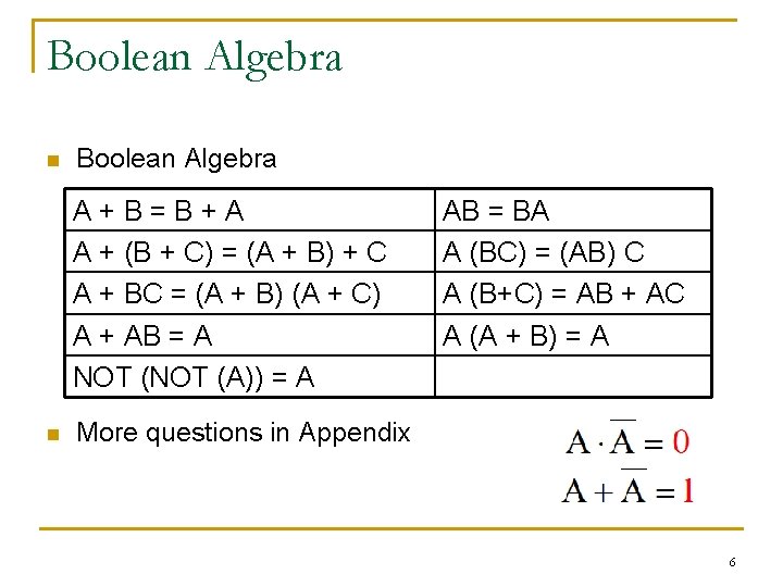 Boolean Algebra n Boolean Algebra A+B=B+A A + (B + C) = (A +