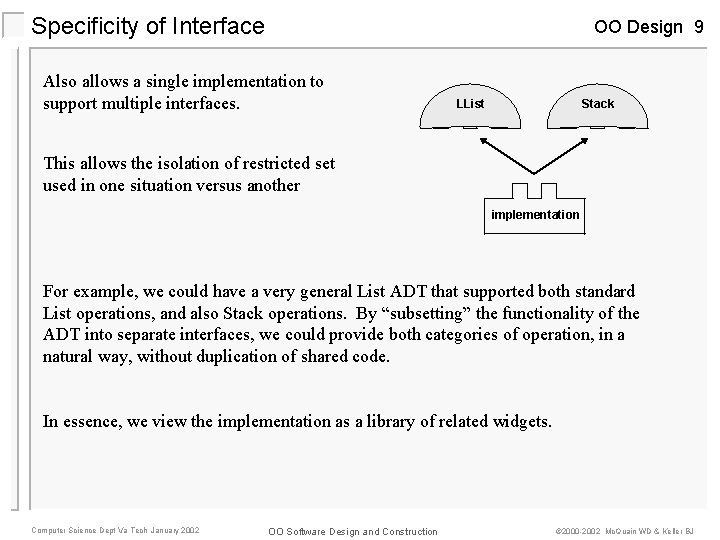 Specificity of Interface OO Design 9 Also allows a single implementation to support multiple Specificity of Interface OO Design 9 Also allows a single implementation to support multiple