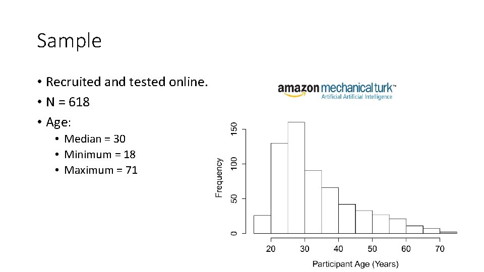 Sample • Recruited and tested online. • N = 618 • Age: • Median