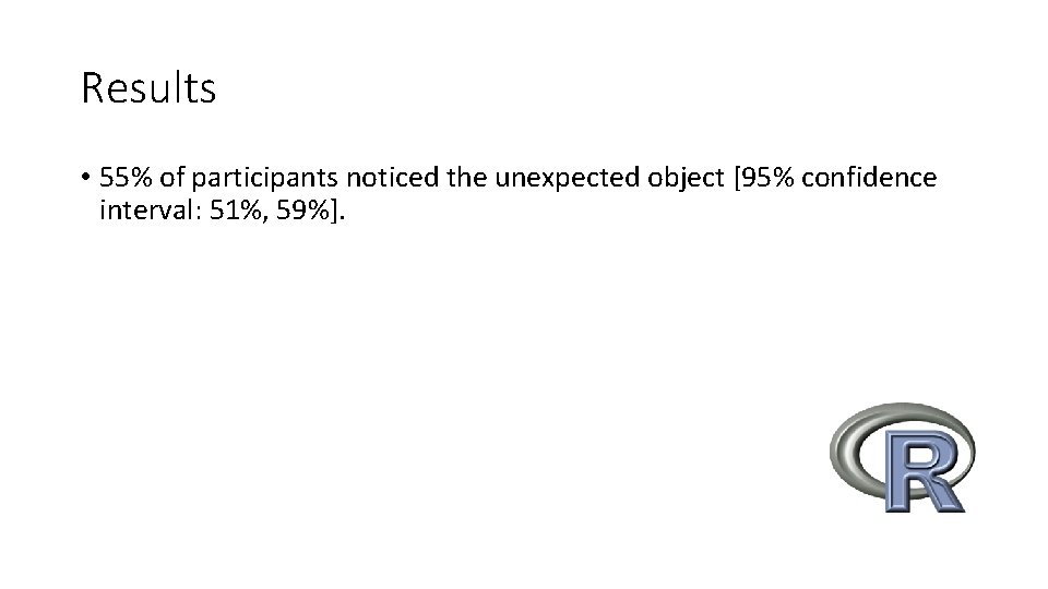 Results • 55% of participants noticed the unexpected object [95% confidence interval: 51%, 59%].