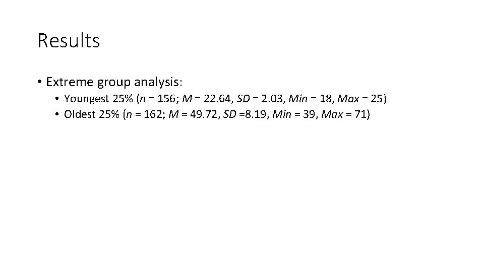 Results • Extreme group analysis: • Youngest 25% (n = 156; M = 22.