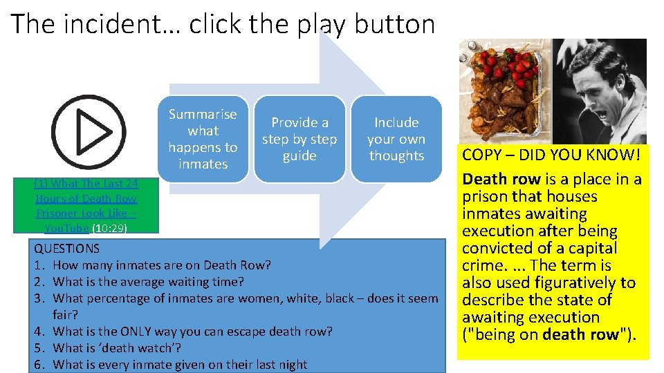 The incident… click the play button Summarise what happens to inmates Provide a step