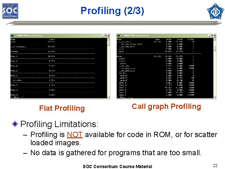 Profiling (2/3) Flat Profiling Call graph Profiling Limitations: – Profiling is NOT available for