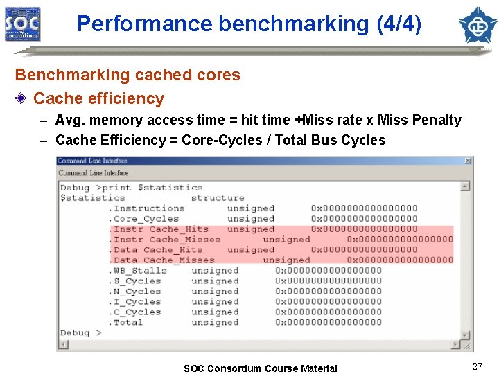 Performance benchmarking (4/4) Benchmarking cached cores Cache efficiency – Avg. memory access time =