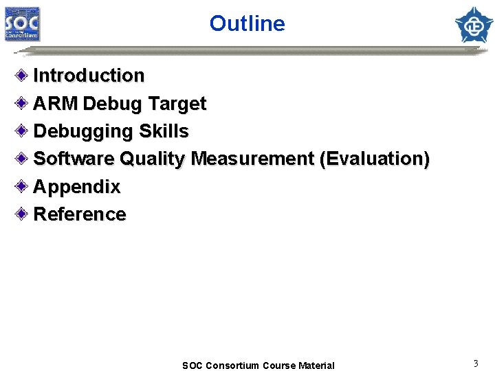 Outline Introduction ARM Debug Target Debugging Skills Software Quality Measurement (Evaluation) Appendix Reference SOC