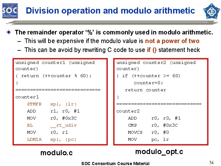 Division operation and modulo arithmetic The remainder operator ‘%’ is commonly used in modulo