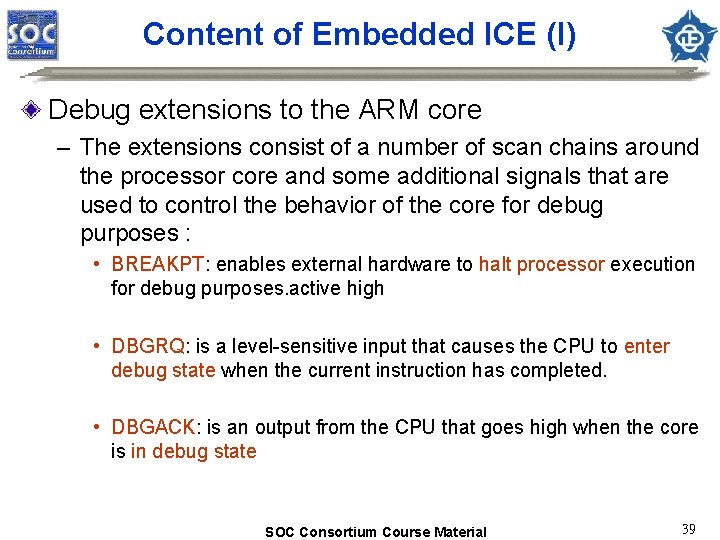 Content of Embedded ICE (I) Debug extensions to the ARM core – The extensions