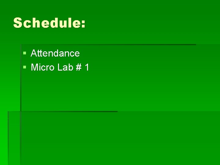 Schedule: § Attendance § Micro Lab # 1 