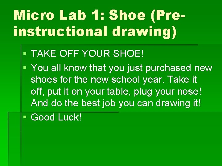 Micro Lab 1: Shoe (Preinstructional drawing) § TAKE OFF YOUR SHOE! § You all