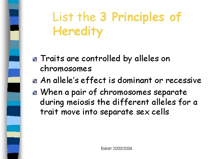 List the 3 Principles of Heredity Traits are controlled by alleles on chromosomes An