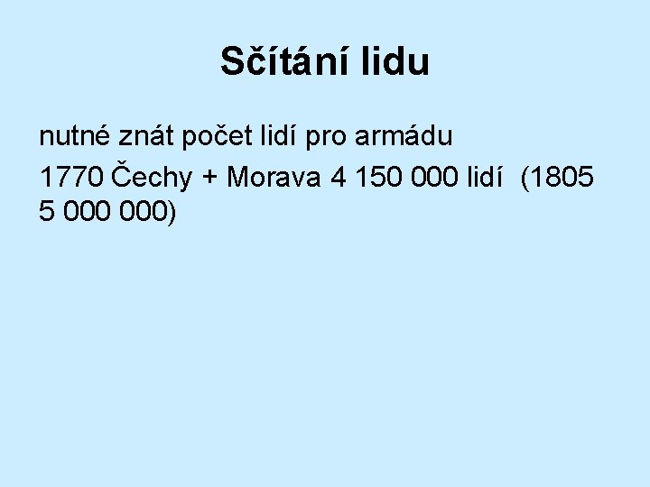 Sčítání lidu nutné znát počet lidí pro armádu 1770 Čechy + Morava 4 150