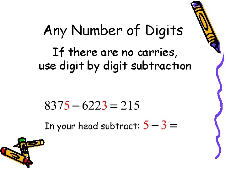 Any Number of Digits If there are no carries, use digit by digit subtraction