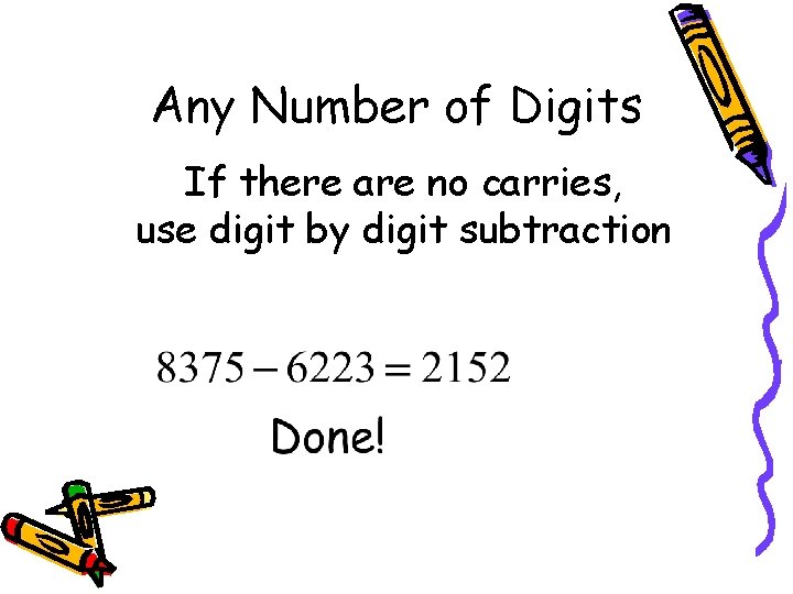 Any Number of Digits If there are no carries, use digit by digit subtraction