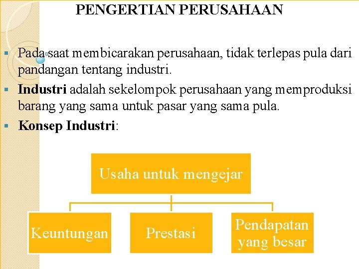 PENGERTIAN PERUSAHAAN Pada saat membicarakan perusahaan, tidak terlepas pula dari pandangan tentang industri. §