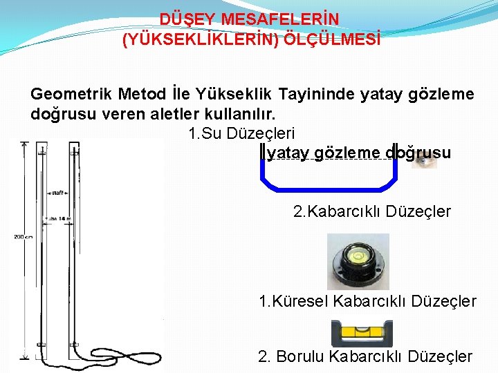 DÜŞEY MESAFELERİN (YÜKSEKLİKLERİN) ÖLÇÜLMESİ Geometrik Metod İle Yükseklik Tayininde yatay gözleme doğrusu veren aletler