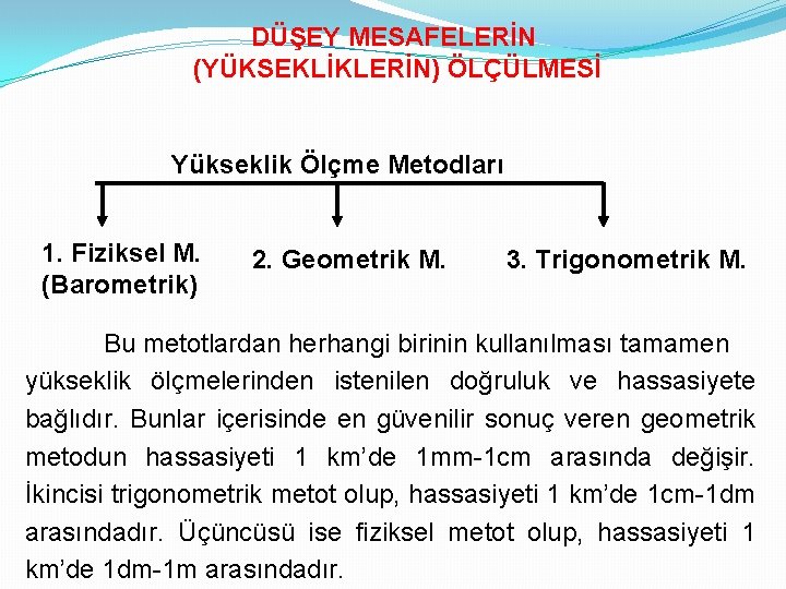 DÜŞEY MESAFELERİN (YÜKSEKLİKLERİN) ÖLÇÜLMESİ Yükseklik Ölçme Metodları 1. Fiziksel M. (Barometrik) 2. Geometrik M.