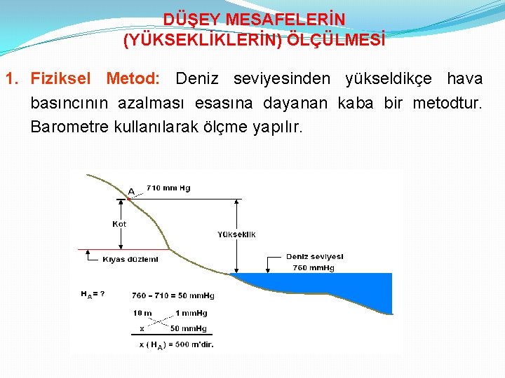 DÜŞEY MESAFELERİN (YÜKSEKLİKLERİN) ÖLÇÜLMESİ 1. Fiziksel Metod: Deniz seviyesinden yükseldikçe hava basıncının azalması esasına