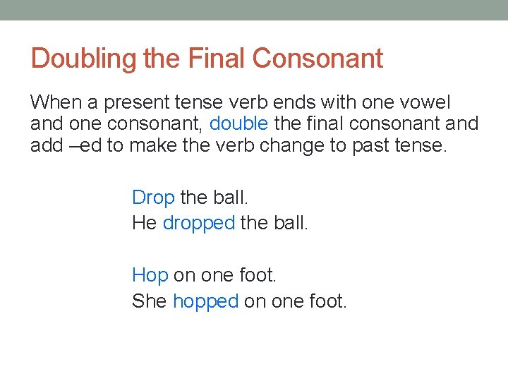 Doubling the Final Consonant When a present tense verb ends with one vowel and