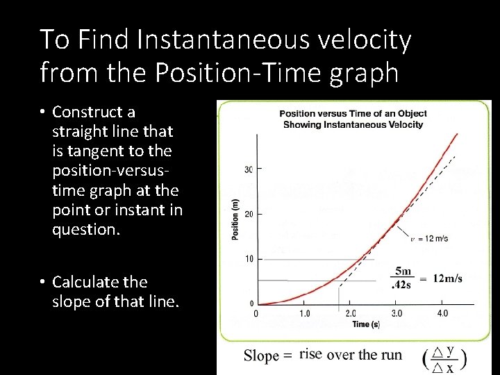 To Find Instantaneous velocity from the Position-Time graph • Construct a straight line that