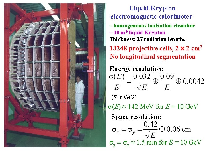 Liquid Krypton electromagnetic calorimeter ~ homogeneous ionization chamber ~ 10 m 3 liquid Krypton