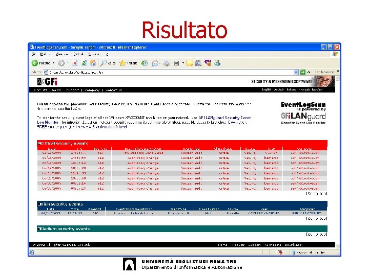 Risultato UNIVERSITÀ DEGLI STUDI ROMA TRE Dipartimento di Informatica e Automazione 