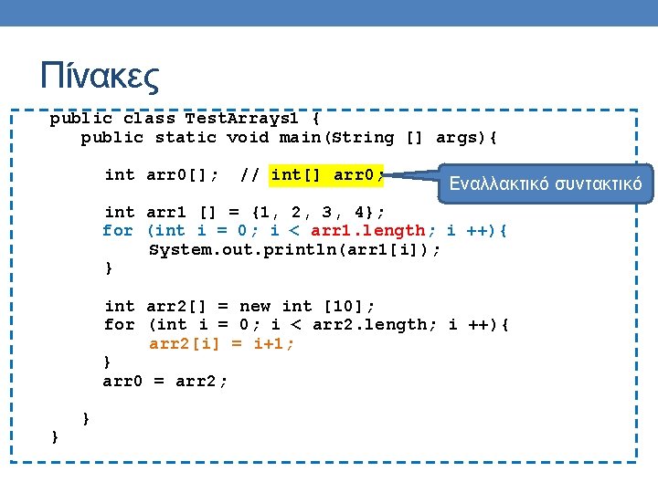 Πίνακες public class Test. Arrays 1 { public static void main(String [] args){ int