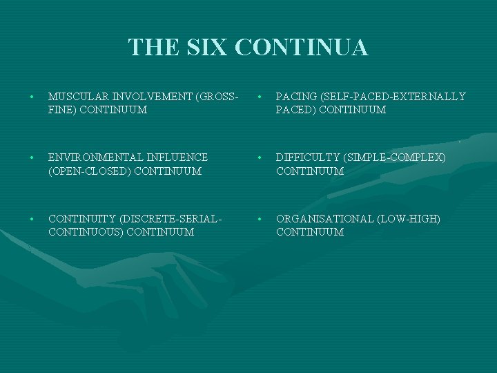THE SIX CONTINUA • MUSCULAR INVOLVEMENT (GROSSFINE) CONTINUUM • PACING (SELF-PACED-EXTERNALLY PACED) CONTINUUM •