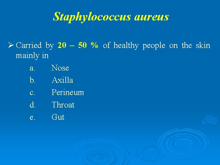 Staphylococcus aureus Ø Carried by 20 – 50 % of healthy people on the