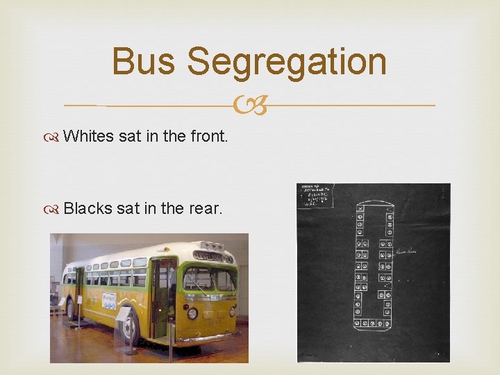 Bus Segregation Whites sat in the front. Blacks sat in the rear. 