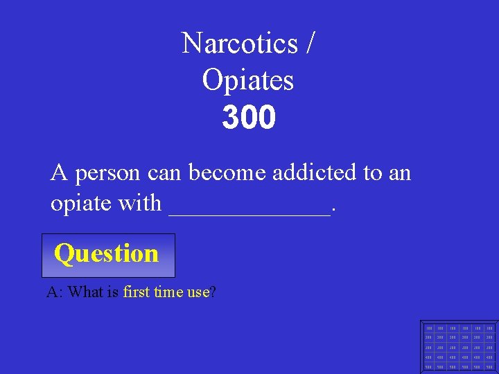 Narcotics / Opiates 300 A person can become addicted to an opiate with _______.