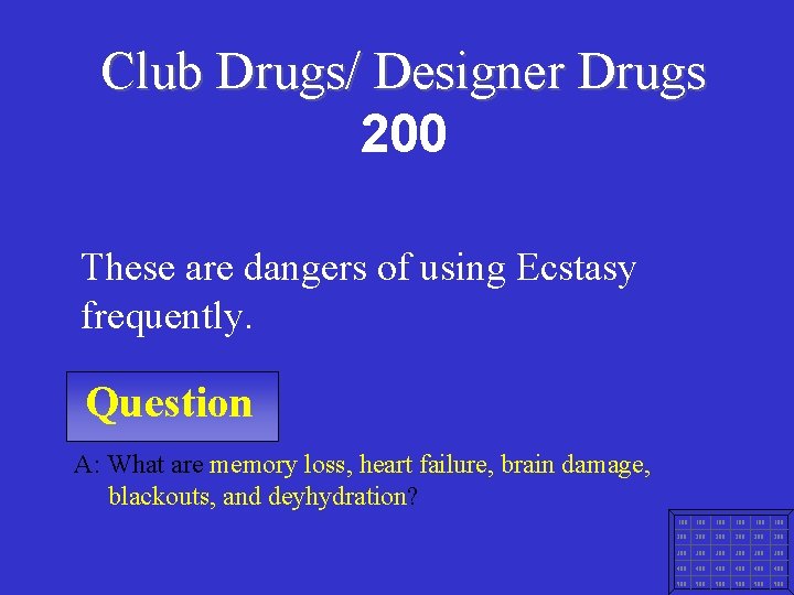 Club Drugs/ Designer Drugs 200 These are dangers of using Ecstasy frequently. Question A: