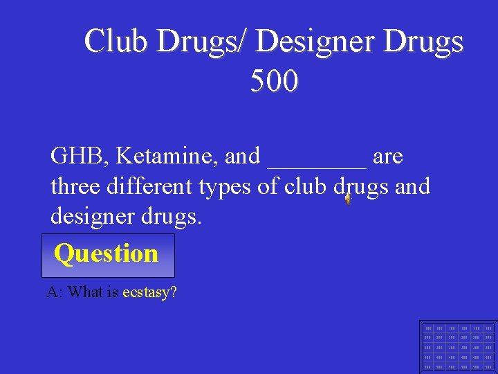 Club Drugs/ Designer Drugs 500 GHB, Ketamine, and ____ are three different types of