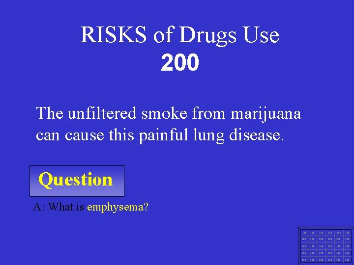 RISKS of Drugs Use 200 The unfiltered smoke from marijuana can cause this painful