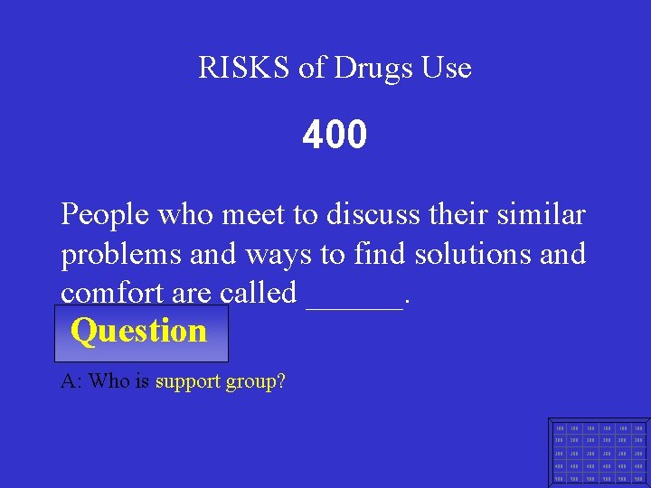 RISKS of Drugs Use 400 People who meet to discuss their similar problems and