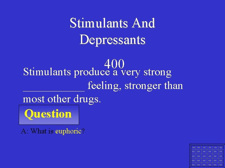 Stimulants And Depressants 400 Stimulants produce a very strong ______ feeling, stronger than most