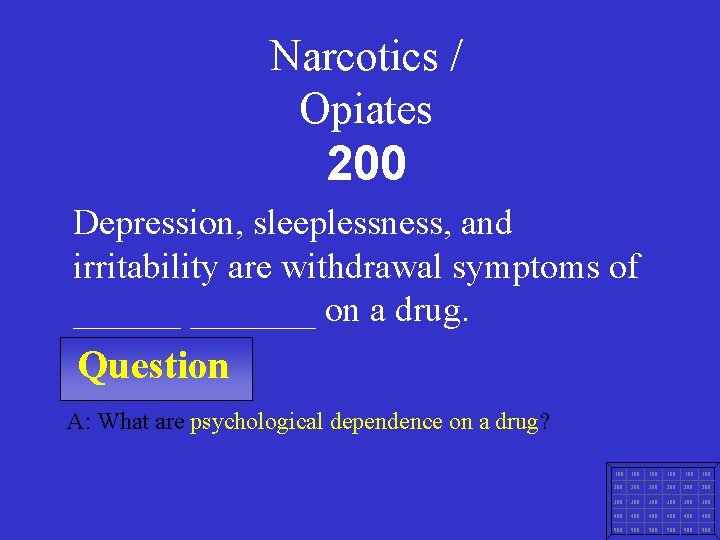 Narcotics / Opiates 200 Depression, sleeplessness, and irritability are withdrawal symptoms of _______ on
