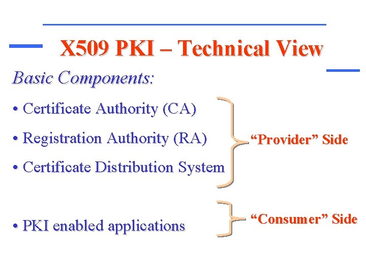 X 509 PKI – Technical View Basic Components: • Certificate Authority (CA) • Registration