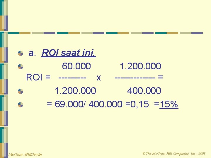 a. ROI saat ini. 60. 000 1. 200. 000 ROI = ----- x -------