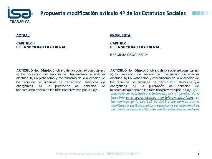 Propuesta modificación artículo 4º de los Estatutos Sociales TRANSELCA ACTUAL PROPUESTA CAPITULO I DE